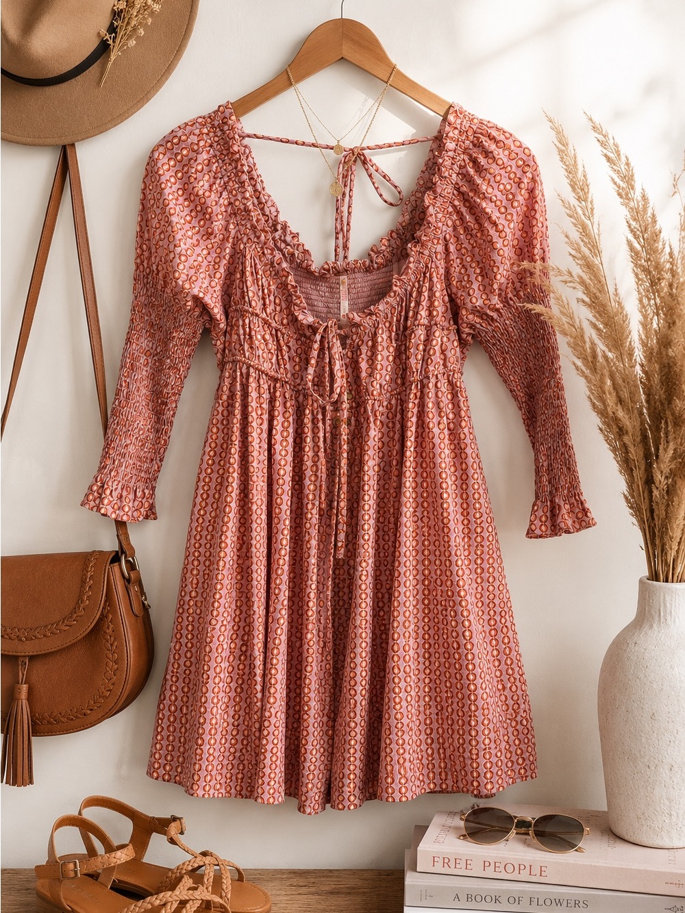 Free People Pink Orange Geo Print Smocked Puff Sleeve Mini Dress Sz. Small